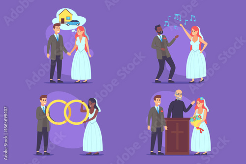Couples engaged in various marriage-related activities, showcasing their love and joy. Exchanging rings, dancing, and celebrating with clergyman in vibrant setup