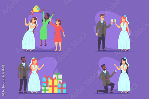 Vibrant collection of various moments from wedding celebration. Couples toasting, friends cheering, and gifts exchanged in atmosphere of joy and love