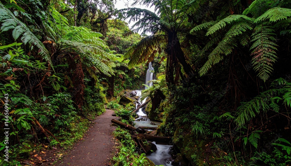 Obraz premium Lush Greenery Lines Path to Jungle Waterfall