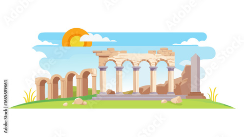 Ancient ruins illustration vector, greek roman architecture landmark, historical site drawing design