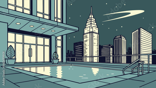 Nighttime luxury condo rooftop pool with city skyline view and comet illustration art print design