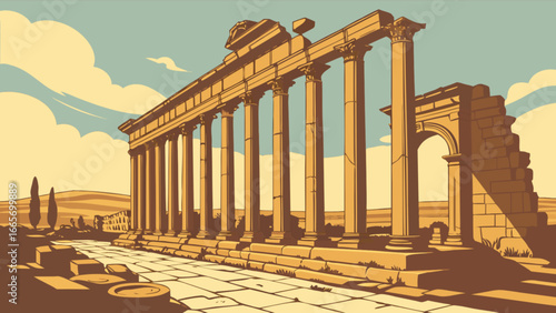 Explore ancient roman ruins architecture with columns and archways travel destination illustration