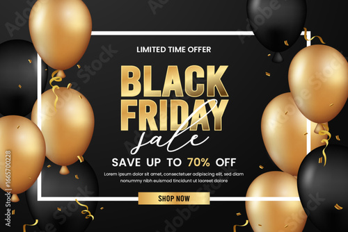 Realistic black friday sale banner with balloons and confetti