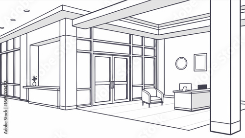 Modern office lobby interior design with reception desk, seating area and large windows drawing