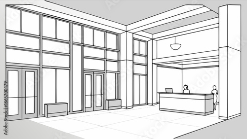 Architectural sketch of modern building lobby interior design with reception desk and large windows view