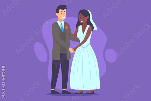 Happy couple standing together, smiling and enjoying their wedding day. They wearing wedding attire, surrounded by colorful backdrop. Love and commitment concept