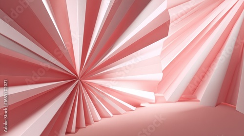 Abstract pink pleated forms create a radial, inward-curving, three-dimensional design