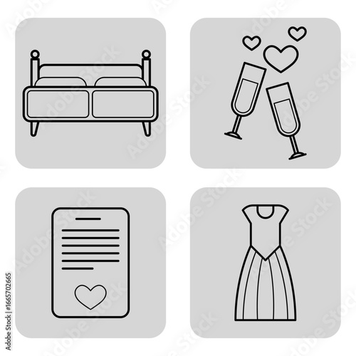Set of line icons representing elements of marriage, including bed, champagne glasses, wedding invitation, and dress. Love and celebration concept