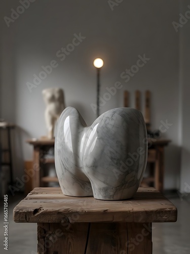 Abstract Marble Sculpture of Buttocks on Rustic Wooden Table