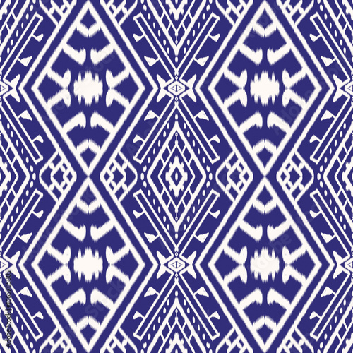 Illustration of white, blue abstract geometric Ikat pattern seamless.