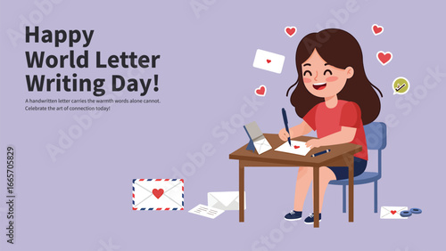 Charming illustration of a girl celebrating World Letter Writing Day by sending a love letter
