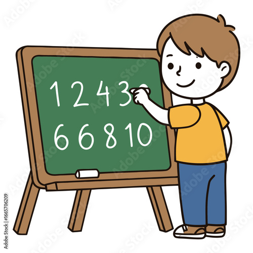 Cute Boy Writing Numbers on Chalkboard Cartoon Illustration