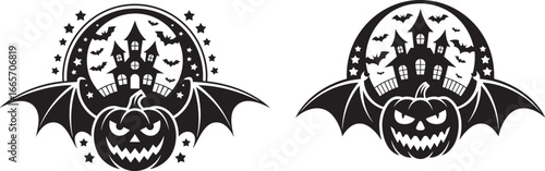 Spooky haunted house with bats and jack o lantern halloween, halloween, haunted house, jack o lantern, pumpkin, bats, spooky, scary, night, stars, silhouette, black and white, circular, decorative, go