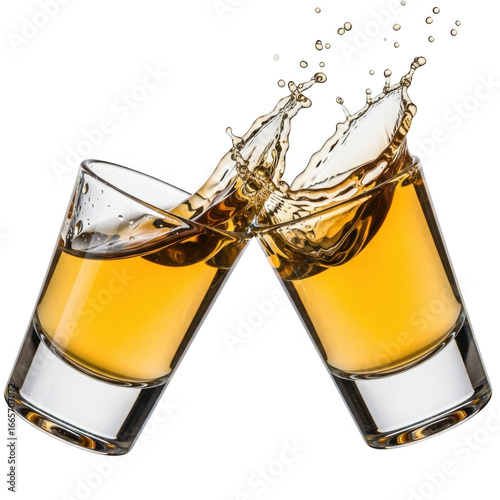 Two shot glasses toasting with whiskey splash isolated on transparent background