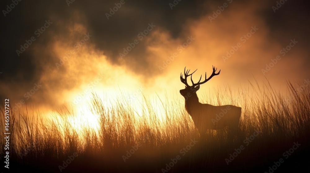 Fototapeta premium Majestic stag silhouette stands tall amidst golden sunrise and mist-filled field.