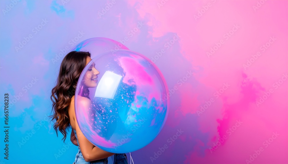 Naklejka premium A vibrant young woman is encircled by large, colorful balloons against a gradient backdrop of pink and blue.