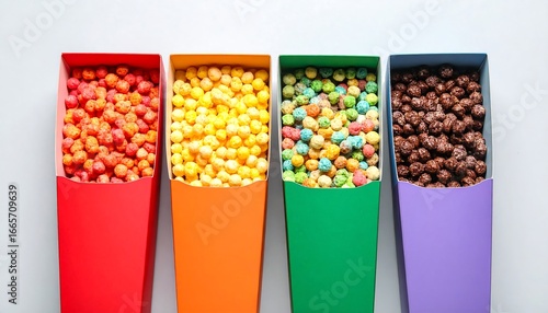 Four colorful boxes filled with various cereal types