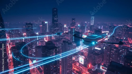 Wallpaper Mural Night cityscape with autonomous drones using blue, glowing aerial pathways Torontodigital.ca