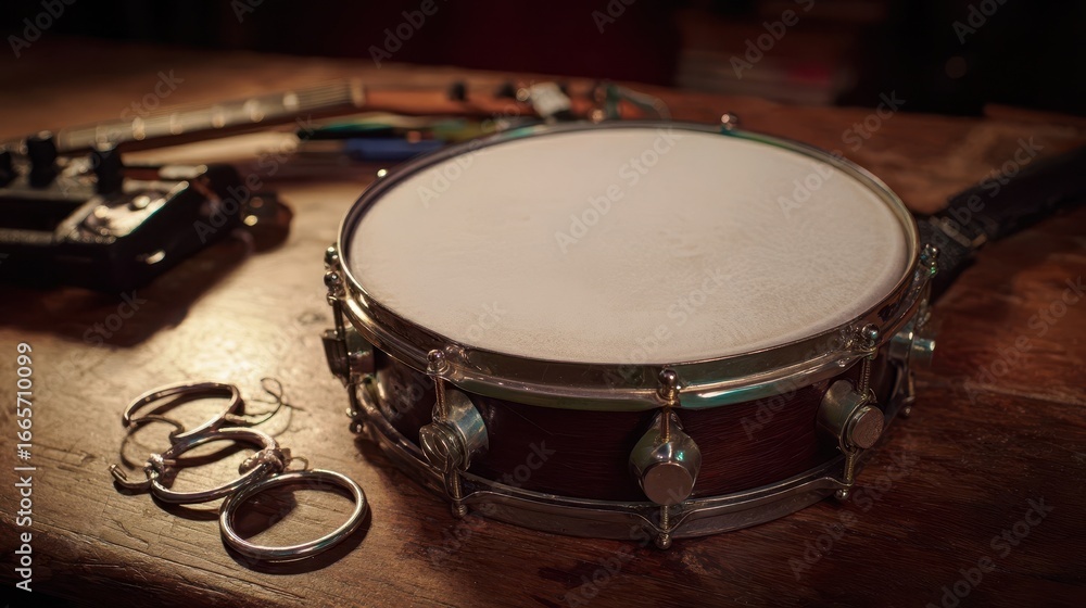 Obraz premium A dark, warm-toned snare drum rests on a rustic wooden table, surrounded by musical accessories.