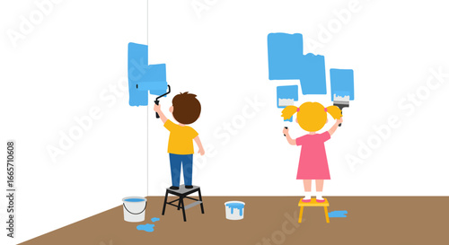 Children Painting a Wall Blue with Roller and Brush on Stools