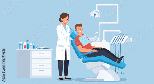 Dentist examining a patient in a dental clinic with equipment.