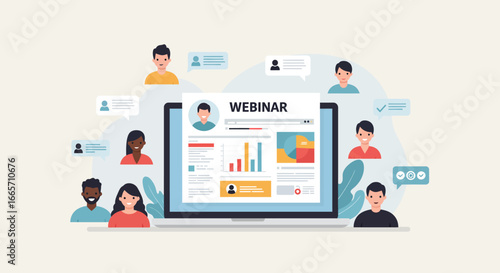 Webinar on Laptop with Diverse Participants and Chat Bubbles
