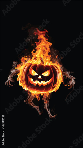 A terrifying Jack-o'-lantern with a sinister grin and glowing eyes, consumed by blazing fire and smoke. Spooky Halloween vector illustration concept isolated on a solid black background for design