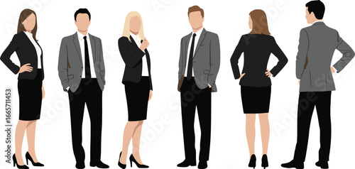 Business people standing in formal office attire vector illustration, corporate professionals men and women in suits, team concept, workplace diversity and leadership design