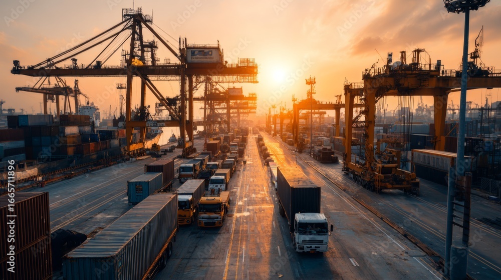 Fototapeta premium Logistics operations at port shipping yard industrial scene sunset view freight transport