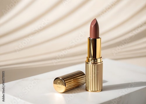 A mockup of a luxurious lipstick standing upright with its cap placed beside it, displayed against a minimalist, luxurious beige background. design illustration
