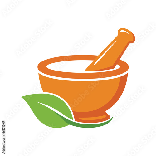 Mortar and pestle with leaf vector illustration herbal medicine preparation pharmacy symbol natural remedy icon