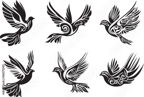 Set of vector wings tattoo design with bird and decorative elements.