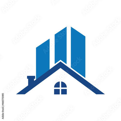 Modern blue house roof and skyscrapers vector logo real estate building icon