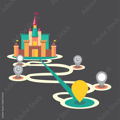 This image shows an illustration of a colorful castle in the background with a winding path leading toward it. Along the path, there are several location markers, some with clock icons,.