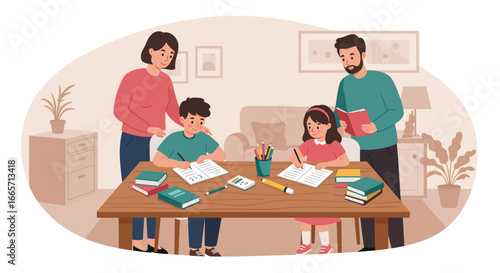 Family Doing Homework Together at Home on a Wooden Table