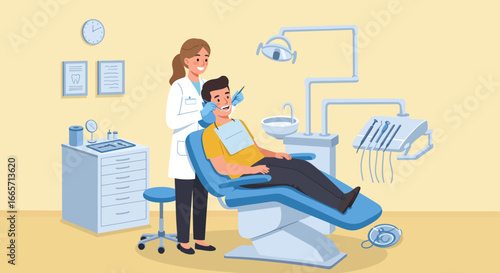 Dentist examining patient's teeth in dental clinic with tools and equipment.