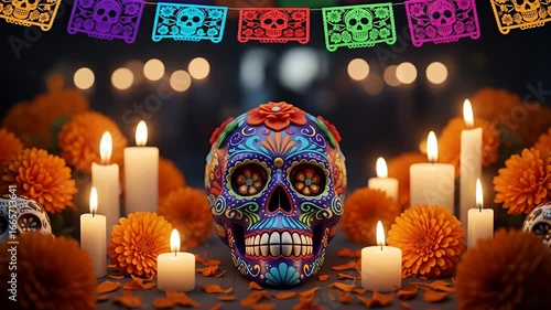 D?a de los Muertos display with sugar skull, candles, marigolds, and papel picado