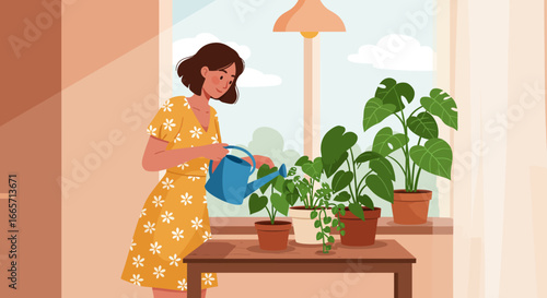 Woman Watering Potted Plants Indoors with a Blue Watering Can