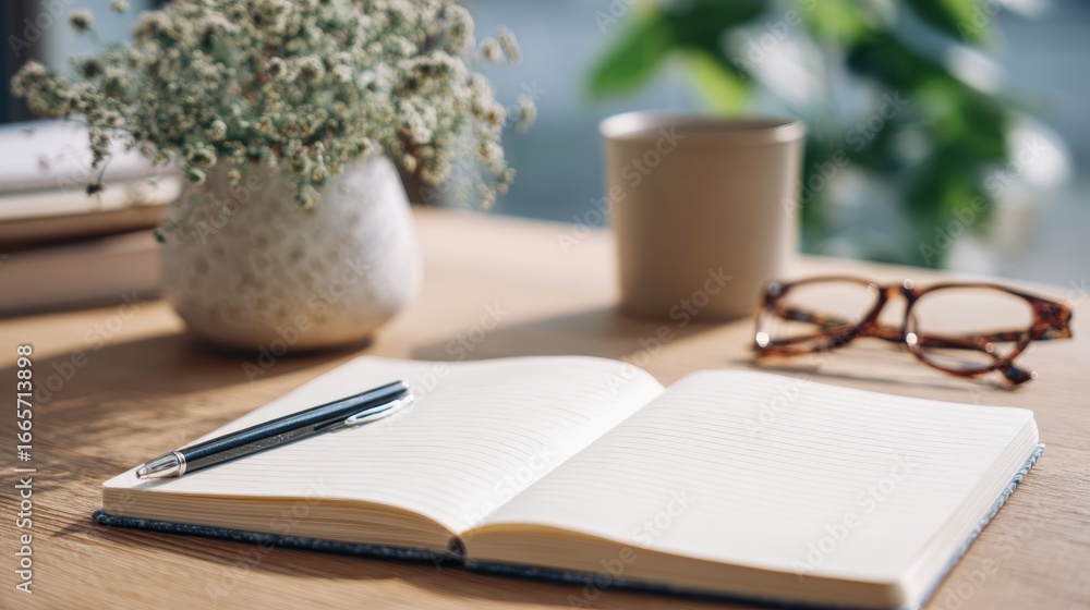 Fototapeta premium Creative writing session home office notebook and pen bright environment close-up perspective