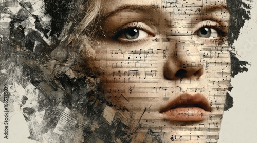 A woman with captivating eyes is depicted artistically with musical notes intricately woven around her face, conveying a deep connection to music and emotion