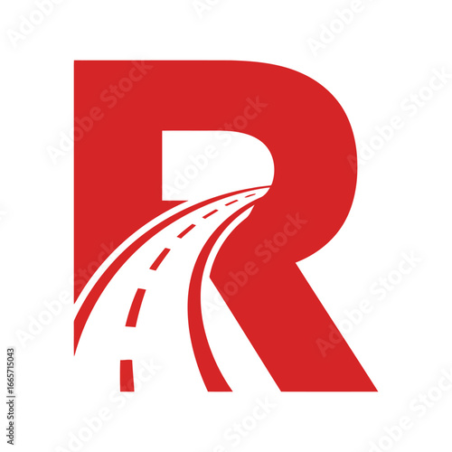 Red letter r logo with highway road graphic driving transportation concept