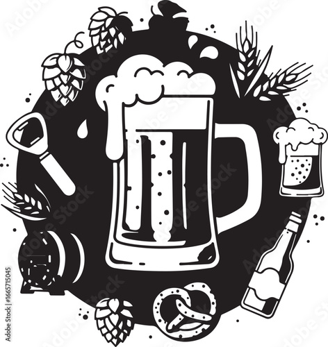 Vector art of beer mug with hops, barley, pretzel, bottle, opener, and keg