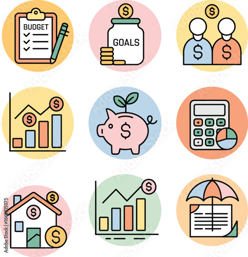 Personal finance and money management icons vector set, budget planning, savings, investment growth, financial goals, calculator, home, insurance, and economic success concept