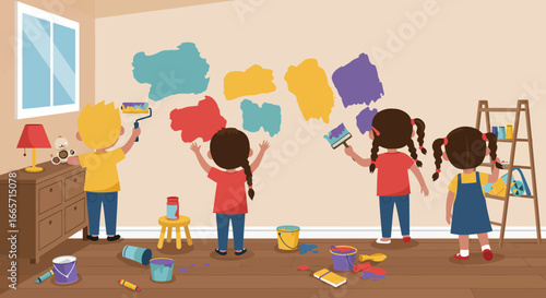 Children Painting a Wall with Colorful Splashes in a Room