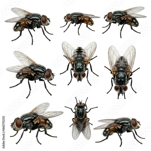 Collection of various flies shown from different angles isolated on transparent background
