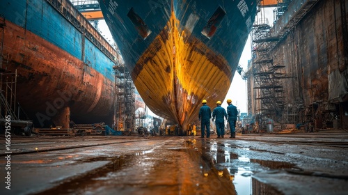 Ship repair workers engage in vessel maintenance at industrial dock urban setting close-up view