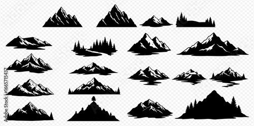 A diverse collection of black mountain and forest silhouettes, featuring various peaks and natural landscapes for graphic design.