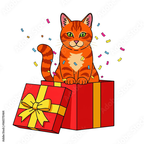 Adorable ginger cat pops out of a vibrant birthday gift box showered in colorful confetti 