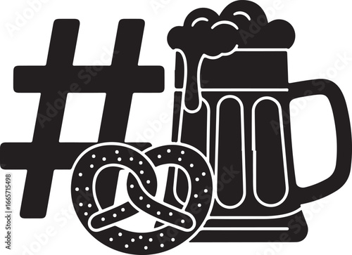 Vector art of hashtag symbol with beer mug and pretzel