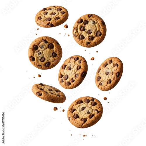 Delicious chocolate chip cookies falling isolated on transparent background